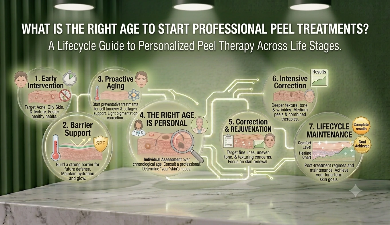 # What Is the Right Age to Start Professional Peel Treatments? There is no single right age to start professional peel treatments, because the decision is not about age itself. It is about the skin concern being addressed, the skin's current condition, and whether a professional resurfacing course is the most appropriate tool for what the client is experiencing at that point in their life. A 22-year-old managing post-inflammatory hyperpigmentation from persistent acne may be a very appropriate candidate for professional resurfacing. A 45-year-old with no particular skin concerns beyond general maintenance may not need it at all. The [Trexyne Peel](https://trexyne.com/product/trexyne-peel-professional-algae-resurfacing-treatment/) is a professional resurfacing treatment designed for use exclusively by trained aesthetic professionals, who assess individual suitability at consultation rather than applying age as the primary criterion. Understanding why concern-led rather than age-led thinking produces better outcomes is the most useful starting point for anyone asking this question. ## Why Age Is the Wrong Starting Point The instinct to frame professional peel treatment around age is understandable. Many people think of resurfacing as an anti-ageing intervention, and anti-ageing conversations naturally involve age as a reference point. But this framing leads to both over-treatment and under-treatment in practice. Over-treatment happens when clients in their twenties and thirties pursue aggressive resurfacing courses not because they have a specific skin concern that warrants it, but because they are trying to prevent future ageing. Prevention through sun protection, appropriate home care, and good general skin health habits is genuinely valuable. Repeated professional resurfacing on young skin that has no significant concern to address is not necessarily the right tool for the job, and it carries recovery burdens without proportionate benefit. Under-treatment happens when practitioners or clients dismiss professional resurfacing for younger clients who do have genuine clinical indications, such as significant post-inflammatory hyperpigmentation from acne, on the grounds that they are too young for professional peels. There is no clinical basis for this restriction if the concern is real, the skin is appropriate, and the treatment mechanism is well matched to the individual. The question to ask before any professional resurfacing course is not how old is this person, but what concern are they addressing, is professional resurfacing the right tool for that concern, and is this individual's skin in a suitable condition to receive the treatment? ## When Younger Adults May Be Appropriate Candidates Clients in their late teens and twenties can be appropriate candidates for professional resurfacing when there is a specific, clinically relevant concern that warrants it. The most common scenario is post-inflammatory hyperpigmentation from acne. Acne is highly prevalent in teenagers and young adults, and the dark marks it leaves behind can persist for months or years without professional intervention. For clients in this age group who are managing significant PIH, the concern is real, the impact on confidence and quality of life is real, and professional resurfacing is a directly relevant clinical tool. The key prerequisite is that active acne is at a controlled or manageable level before a resurfacing course begins, since resurfacing over actively inflamed skin carries risks that outweigh the benefit for any age group. Surface texture concerns, including the kind of rough, congested skin quality that often accompanies oily and acne-prone skin types, can also be a legitimate indication for professional resurfacing in younger adults. A 24-year-old with chronically congested, textured skin who has not found satisfactory improvement through home care alone is a different clinical picture from a 24-year-old with generally healthy skin seeking resurfacing as a precautionary measure. For younger clients, the mechanical resurfacing approach of the Trexyne Peel is particularly relevant because it avoids the chemical inflammatory trigger that carries the highest risk of worsening PIH in susceptible, younger skin that is already managing recurring acne-related inflammation. Starting at a conservative intensity within the tiered protocol and building only as the skin demonstrates tolerance is the appropriate approach for any client, and this is especially true for younger skin that may be more reactive and variable in its presentation. ## The Thirties: When Resurfacing Often Becomes Most Relevant For many clients, the thirties represent the point at which professional resurfacing becomes most clearly relevant. This is the decade in which cumulative lifestyle and environmental factors begin to produce visible changes in the skin that home care alone starts to struggle to address. Cell turnover slows progressively from the mid-twenties onwards. By the early to mid-thirties, this slowdown is noticeable in the skin's surface quality. The natural radiance and refinement that came easily in youth requires more active support, and the results from consistent home-use actives begin to plateau. At this stage, professional resurfacing provides the step change in cell turnover stimulation that home care cannot replicate. Solar pigmentation often becomes visible in the thirties for clients who have spent their twenties without consistent sun protection. Age spots, uneven tone, and the beginnings of photodamage-related texture changes are all concerns that professional resurfacing directly addresses. Starting a resurfacing course at this stage, rather than waiting for the pigmentation to deepen further, produces the clearest and most satisfying outcomes because the melanin deposits are not yet as established or as deep as they will become with further years of UV exposure. Hormonal changes in the thirties, particularly for women managing pregnancy, breastfeeding, or hormonal contraception, can produce melasma and post-inflammatory pigmentation that makes professional resurfacing a clinically relevant consideration. The timing of this treatment relative to hormonal events, particularly post-pregnancy and post-breastfeeding, requires thoughtful planning, but the clinical indication is clear and appropriate for this age group. ## The Forties and Beyond: Addressing Accumulated Change Professional resurfacing in the forties and beyond is typically addressing accumulated concerns rather than early or emerging ones. Solar lentigines are more established. Texture irregularities reflect years of slower cell turnover and photodamage. The skin's overall brightness and evenness have diminished in ways that are now clearly visible. For this age group, professional resurfacing remains highly relevant, but the clinical approach needs to account for the skin's changed characteristics. Collagen density is lower, barrier function may be less robust, and cell turnover is slower than in younger skin. These changes mean that conservative starting intensities, slightly longer session spacing, and a more gradual approach to intensity progression are often appropriate for older clients, even if the concern being addressed is significant. The cumulative improvement possible through a sustained, well-managed course of professional resurfacing for a client in their fifties addressing longstanding solar pigmentation is genuinely meaningful. Expectations need to be accurate: established, deep pigmentation takes longer to shift than recent, superficial marks. But the clinical outcome from a well-managed course at this age can still produce a visible, satisfying improvement in skin quality and tone. The [Trexyne Peel](https://trexyne.com/product/trexyne-peel-professional-algae-resurfacing-treatment/)'s tiered protocol is particularly valuable for older skin because it allows intensity to be matched to the skin's actual condition and tolerance at each session rather than applying a fixed approach regardless of how a 55-year-old's skin differs from a 35-year-old's. ### Mature Skin and the Importance of Conservative Progression For clients with more mature skin, the first session of a resurfacing course should always begin at a conservative intensity, even when the presenting concern is significant. Older skin has a reduced capacity for rapid recovery, and an overly intense first session can produce a recovery period that discourages the client from completing the course. Building intensity gradually based on demonstrated tolerance, and spacing sessions at the longer end of the three to four week range if the skin's recovery rate suggests this is appropriate, produces better cumulative results than an aggressive approach that produces difficult recoveries between sessions. ## What Skin Concerns Drive Resurfacing at Different Ages Matching the decision to start resurfacing to a specific skin concern produces better outcomes than framing it purely around age. The following patterns reflect how concern-led thinking plays out across different life stages. In the late teens and twenties, the most common relevant concerns are post-inflammatory hyperpigmentation from acne, surface congestion and texture irregularity from oily and acne-prone skin, and in some cases, early pigmentation concerns in darker skin tones where melanocyte reactivity means pigmentation can develop earlier than in lighter skin types. In the thirties, the most common relevant concerns are emerging solar pigmentation, uneven skin tone from hormonal or lifestyle factors, post-pregnancy melasma once hormonal levels have stabilised and breastfeeding has ended, and the general loss of radiance and refinement that reflects slowing cell turnover. In the forties and fifties, the most common relevant concerns are established solar lentigines, more pronounced photodamage and texture irregularities, generalised uneven tone from years of accumulated UV exposure, and the persistent dullness and surface roughness that reflects significantly slower cell turnover. At any age, a client without a specific concern that warrants professional resurfacing is not necessarily an appropriate candidate simply because they have reached a particular decade. The clinical indication drives the decision, not the calendar. ## When Age Genuinely Does Affect Suitability While age should not be the primary criterion for resurfacing, there are age-related factors that affect clinical suitability and how treatment is approached. Very young clients, typically those under 18, are not generally appropriate candidates for professional aesthetic resurfacing unless there is a specific, significant concern that warrants clinical intervention and parental consent is in place. This is not primarily about the skin's readiness for resurfacing. It is about the context of aesthetic treatment for minors, which requires particular care and appropriate clinical and ethical consideration. At the other end of the age spectrum, very mature skin with significantly reduced collagen density, a compromised barrier, and markedly slower cell turnover may require a particularly cautious approach to resurfacing. The concern being addressed may be entirely legitimate, but the treatment plan needs to reflect the skin's reduced recovery capacity with conservative intensities and appropriate session spacing. Skin condition rather than age per se is the relevant factor in both cases. A 70-year-old with resilient, well-maintained skin may be a more straightforward resurfacing candidate than a 55-year-old with a severely compromised barrier from years of over-treatment. The practitioner's clinical assessment of the individual's skin condition is always the most reliable guide. ## How a Practitioner Assesses Suitability Regardless of Age A thorough consultation with a trained practitioner is the appropriate way to determine whether professional resurfacing is suitable for any individual at any age. The practitioner's assessment covers the specific concern being addressed and whether resurfacing is the right tool for it, the skin's current condition including barrier integrity and sensitivity, any relevant history of previous treatments and how the skin responded, current medications and skincare products, and the client's goals and expectations relative to what the treatment can realistically achieve. This assessment does not start with age. It starts with the skin and the concern. A practitioner who completes this assessment thoroughly can give a genuinely personalised recommendation about whether to proceed, what intensity to start at, and how to structure the course for the best possible outcome. Practitioners looking to incorporate the Trexyne Peel into their resurfacing offering across a range of client ages and concerns can explore the full product range via the [Trexyne shop](https://trexyne.com/shop/), or contact the team directly through the [Trexyne contact page](https://trexyne.com/contact-us/). ## Starting a Course at the Right Time for the Right Reason The most useful reframe for the age question is this: the right time to start professional peel treatment is when there is a specific concern that warrants it, the skin is in a suitable condition to receive it, and the client has realistic expectations about what a course can achieve and over what timeframe. For some people, this moment arrives in their early twenties. For others, it does not become relevant until their forties or fifties. For some, it may never become the most appropriate tool for what their skin needs. All of these are valid clinical outcomes, and they all depend on the individual rather than on an age threshold. More information on the Trexyne approach to professional botanical resurfacing is available on the [Trexyne website](https://trexyne.com/). ## Conclusion The right age to start professional peel treatments is not defined by a number. It is defined by the presence of a specific skin concern that warrants professional resurfacing, a skin condition that is appropriate to receive the treatment, and a realistic understanding of what a course can achieve. Post-inflammatory hyperpigmentation, solar pigmentation, surface texture irregularity, and uneven skin tone can all develop at different points in a person's life and can all be addressed with professional resurfacing when the clinical conditions are right. The [Trexyne Peel](https://trexyne.com/product/trexyne-peel-professional-algae-resurfacing-treatment/) resurfaces through marine-algae spicules with a purely mechanical mechanism, uses a tiered protocol that allows intensity to be matched to the individual's skin at any age, and includes stabilised Vitamin E to support recovery. Whether a client is 25 managing post-acne pigmentation or 55 addressing decades of solar damage, a well-managed course supported by daily SPF and appropriate aftercare may help support a brighter, more even-looking complexion as the cumulative result of professional treatment applied at the right time, at the right intensity, and for the right reason. ## FAQs **Q: What is the right age to start professional peel treatments?** There is no fixed right age. The decision depends on the specific skin concern being addressed, the skin's current condition, and whether professional resurfacing is the most appropriate tool for that individual at that point in their life. A teenager with significant post-inflammatory hyperpigmentation from acne and a 60-year-old with established solar pigmentation can both be appropriate candidates when the clinical conditions are right. **Q: Can younger adults in their twenties have professional peels?** Yes, when there is a specific clinical indication. Post-inflammatory hyperpigmentation from acne, surface congestion, and significant texture irregularity are all legitimate reasons for professional resurfacing in younger adults. The concern and the skin's condition determine suitability, not the client's age. **Q: Is there an age that is too old for professional peel treatments?** Not categorically. More mature skin requires a more conservative approach, with lower starting intensities, appropriate session spacing, and careful progression. But older skin with a genuine clinical concern, such as established solar pigmentation or significant photodamage, can respond meaningfully to a well-managed resurfacing course. The practitioner's assessment of the individual's skin condition determines appropriateness. **Q: When do most people start professional resurfacing?** Many clients first consider professional resurfacing in their thirties, when cumulative factors such as slowing cell turnover, emerging solar pigmentation, and the limits of home-care actives begin to produce visible changes that home care alone cannot adequately address. However, clients in their twenties with PIH from acne and clients in their fifties and sixties with established photodamage are all regularly and appropriately treated with professional resurfacing. **Q: Should I start professional peels early as a prevention strategy?** Preventive habits, including daily broad-spectrum SPF and appropriate home care, are the most effective and appropriate tools for prevention at any age. Professional resurfacing is most valuable when there is a specific concern to address rather than as a precautionary measure for skin that has no particular clinical concern. Starting a resurfacing course without a specific indication carries recovery burdens without proportionate benefit. **Q: How does the Trexyne Peel accommodate different ages and skin types?** The Trexyne Peel's tiered protocol allows the practitioner to select and adjust intensity based on the individual's skin condition and tolerance at each session, rather than applying a fixed approach regardless of age or skin type. This flexibility makes it suitable across a wide range of client ages and presentations, from younger clients with PIH-prone, reactive skin to older clients with more established photodamage and slower recovery capacity. **Q: Where can I find a practitioner to assess whether professional resurfacing is right for me?** The Trexyne Peel is available exclusively through verified practitioners and clinics. Clients can contact the Trexyne team through the contact page to find out about practitioners offering the treatment. A thorough consultation with a trained practitioner is the appropriate way to determine whether professional resurfacing is suitable and what course of treatment would be most appropriate for the individual.